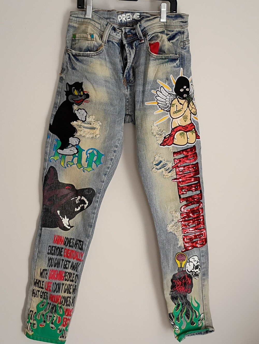 NWT Preme Y2K Grunge Skater Punk Rock Embroider Distress Patchwork Denim Jeans
